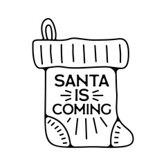 Christmas silhouette badge element. Winter line art label design. Christmas santa sock linear print for t-shirt, cards, stickers. Stock vector Christmas silhouette artwork.