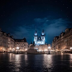 The city square is alive with the glow of the clock tower at night