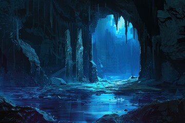 Mysterious Glowing Cave Entrance with Ancient Ruins