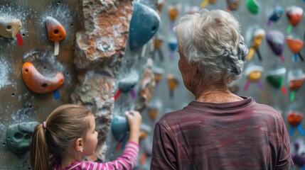 Fototapeta premium Grandmother and Granddaughter Climbing Wall