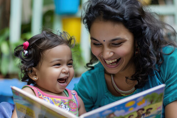 Obraz premium Indian cute girl laughing joyfully while sitting with her mother and reading book