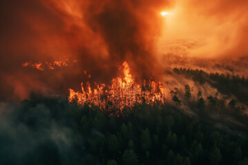 Aerial view of the forest is overtaken by a blazing wildfire, flames roaring through the dense trees.