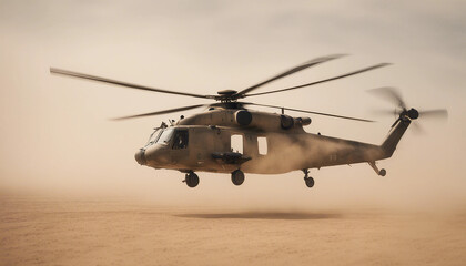 A military helicopter flying low over a desert landscape during a sandstorm, with visibility reduced to almost zero as it navigates through swirling sands and powerful gusts.
