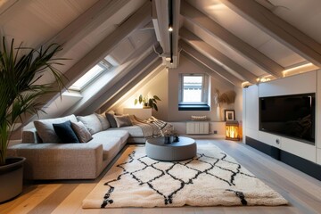 Cozy attic living room with a gray sectional sofa and a white rug