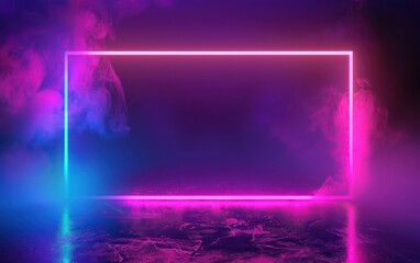 Vibrant Neon Frame Background. Glowing Rectangle, Pink and Blue Lights on Dark Background