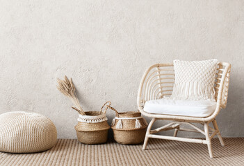View of modern Boho style interior with chair and trendy vase, Home staging and minimalism concept