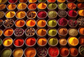 vibrant display colorful spice powders various containers showcasing array rich textures hues, culinary, herb, seasoning, variety, mixture, aroma, kitchen