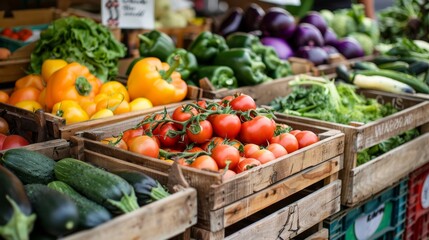 Fresh vegetables displayed in wooden crates at a local farmers market during summer