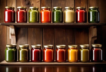 colorful variety gourmet sauces trendy glass jars arranged aesthetically rustic wooden platter delightful culinary presentation, condiments, flavor, taste