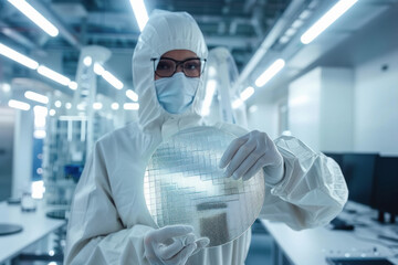 scientist holding wafel in laboratory