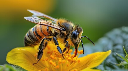 This macro photograph captures a honey bee meticulously collecting pollen from the bright yellow petals of a flower, showcasing the bee's intricate body details.