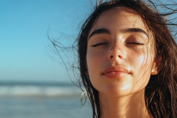 A woman with long hair is smiling and looking out at the ocean. Concept of relaxation and happiness