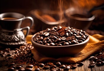Fototapeta premium artisanal coffee blend featuring intricate flavors dark subtle spices, gourmet, rich, chocolate, caramel, aroma, infusion, smooth, texture, depth, vibrant