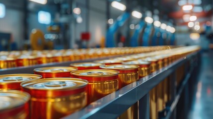 Aluminum Cans transfer on Conveyor Belt System, Modern machine for Aluminum line production, Business and Industrial concept