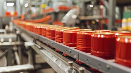 Aluminum Cans transfer on Conveyor Belt System, Modern machine for Aluminum line production, Business and Industrial concept