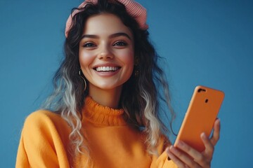A woman in a yellow sweater is holding a cell phone and smiling. Concept of happiness and contentment, as the woman is enjoying her time with her phone
