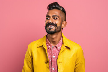 Obraz premium indian man wearing yellow jacket and smiling