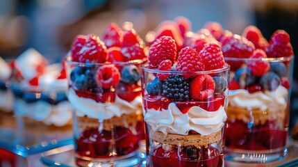 Close-up of Delicious Dessert Parfaits with Layers of Cream, Berries, and Cookies in Glass Cups