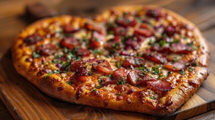 A delicious heart-shaped pizza topped with crispy pepperoni and garnished with fresh herbs, perfect for sharing love through food on special occasions.