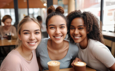 Obraz premium group of different races friends enjoying coffee in cafe