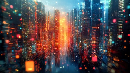 Naklejka premium Futuristic Urban Mirage: Abstract Cityscape with Surreal Architectural Forms and Vibrant Lights