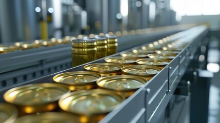Obraz premium Aluminum Cans transfer on Conveyor Belt System, Modern machine for Aluminum line production, Business and Industrial concept