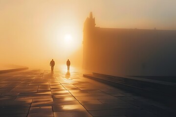 Fototapeta premium Two Men Walking Towards the Setting Sun in Fog