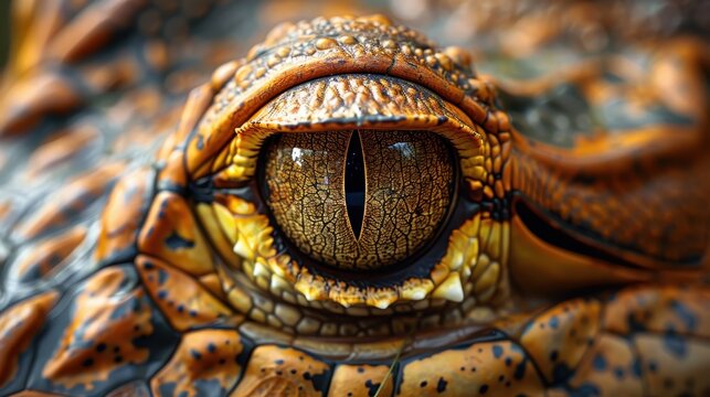 Close-up of a reptile's eye featuring a slit-shaped pupil, surrounded by a highly detailed and textured area, capturing the essence of animal adaptation and survival in detail.