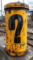 Weathered Yellow Metal Drum with Question Mark in Industrial Setting