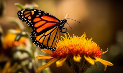 Obraz premium a butterfly is sitting on a flower with a blurry background of yellow and orange flowers and leaves in the foreground