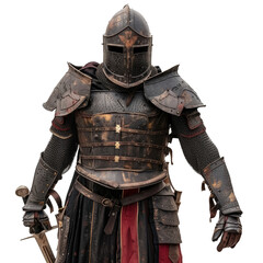 Medieval knight wearing full body armour holding sword isolated on white background