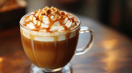 A delicious caramel latte in a transparent cup, with a warm caramel-colored background that complements the drink