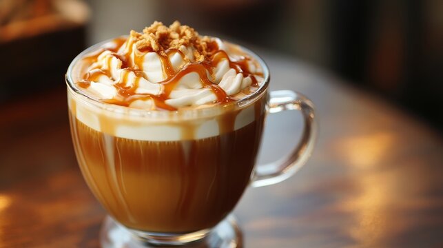 A delicious caramel latte in a transparent cup, with a warm caramel-colored background that complements the drink