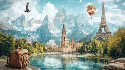 Fototapeta premium Backpack near lake with mountains and famous monuments in background for travel and tourism concept
