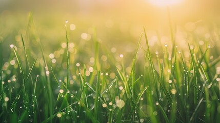 Fototapeta premium Close up of dew covered fresh grass