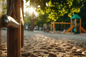 A playground with children playing and sunlight filtering through the trees