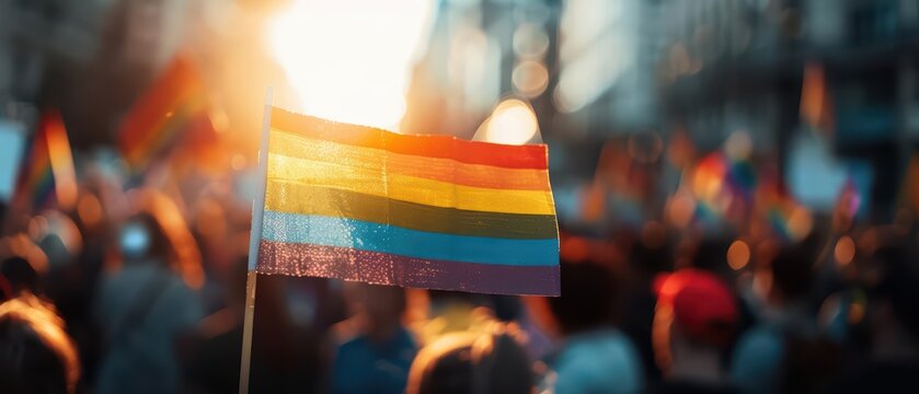 A peaceful protest with signs advocating for LGBT rights and sunlight filtering through, highlighting the ongoing fight for equality and justice, activism, banner, with copy space