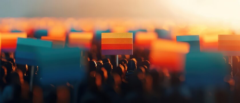 A peaceful protest with signs advocating for LGBT rights and sunlight filtering through, highlighting the ongoing fight for equality and justice, activism, banner, with copy space