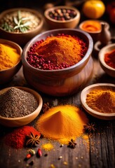 Fototapeta premium vibrant spices displayed rustic wooden chopping board rich colors textures, herbs, seasoning, culinary, flavor, natural, organic, aroma, freshness, kitchen