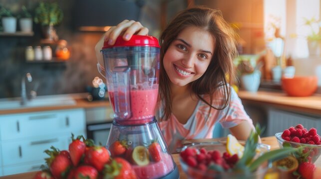 A female is making a healthy smoothie drink with a blender mixer in kitchen