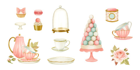 Tea party set painted in watercolors. A set of teaware, sweets, flowers in pink, white and gold.