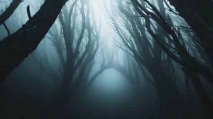 A spooky forest with twisted trees and sunlight filtering through the fog, creating a mysterious and unsettling Halloween ambiance, eerie woods, banner, with copy space