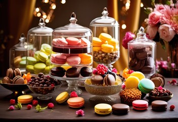 stunning display indulgent sweets elegant glass containers showcasing colorful treats tempting desserts, arrangement, candy, pastries, chocolates, gourmet