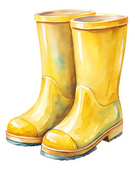 Watercolor illustration with yellow rubber boots. Isolated on transparent background. Perfect for card, postcard, tags, invitation, printing, wrapping.