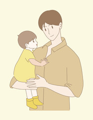 Father holding little son. Young man hugging child, carrying baby. Toddler embracing dad, looking with love. Hand drawn flat cartoon character vector illustration.