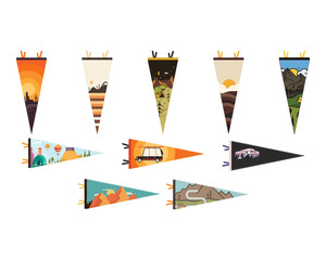 Camping adventure pennant flags design set. Outdoor hiking graphics collection. Mountains pendant artwork. Stock vector illustration stickers.