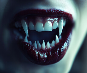mouth of a female vampire, sharp vamp fangs, monster teeth