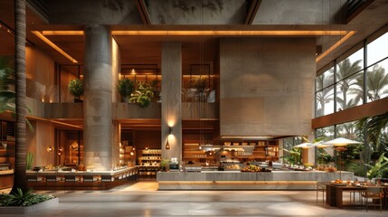 Modernist Oasis: A sun-drenched atrium restaurant, alive with lush greenery and the aroma of fresh coffee, offers a tranquil escape in the heart of the city.