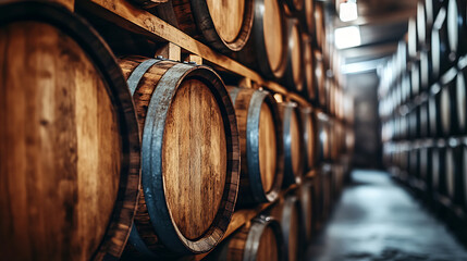 Wooden Old Stacked whisky barrel stack in a warehouse vintage style.