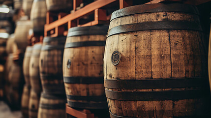 Wooden Old Stacked whisky barrel stack in a warehouse vintage style.